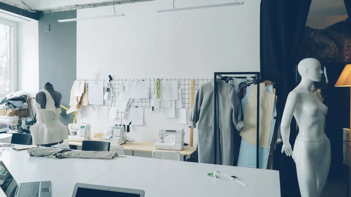 A fashion design studio with sketches, fabric, and a tailor's desk, the kind of workspace behind an independent label