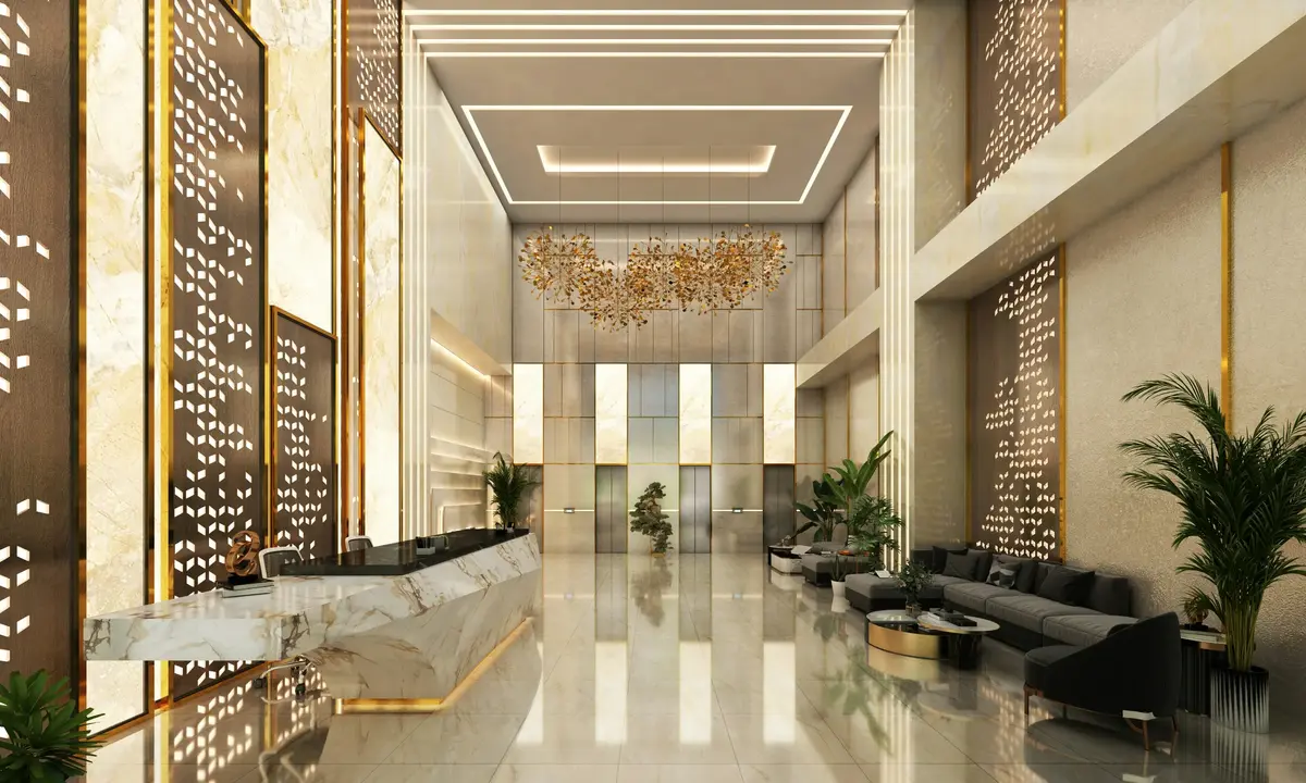 A modern hotel lobby with reception desk, the kind of first impression that leads to a repeat booking