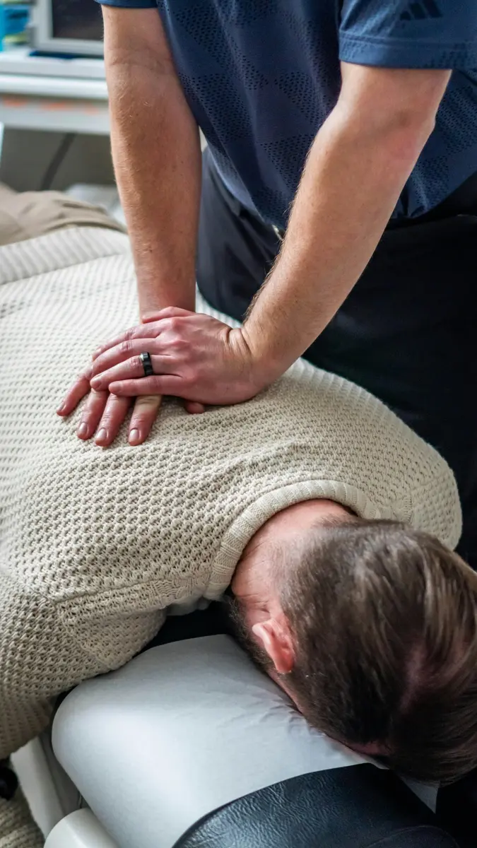 Chiropractor adjusting a patient's upper back and neck during a treatment session