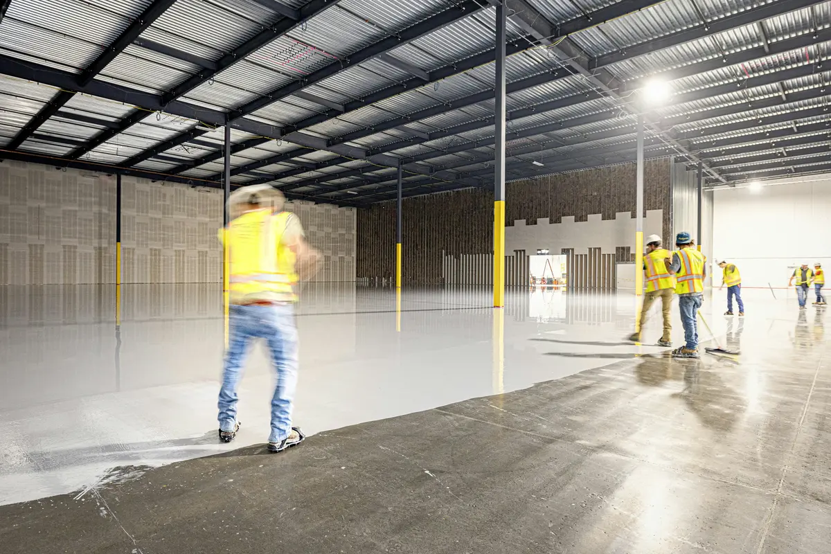 Flooring installers finishing a large polished floor, the kind of clean, professional work that helps a flooring contractor win more jobs